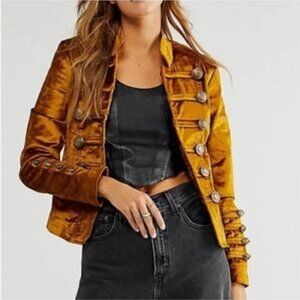 Free People Military Gold Orange Yellow Velvet MilitaryJacket Size Medium M